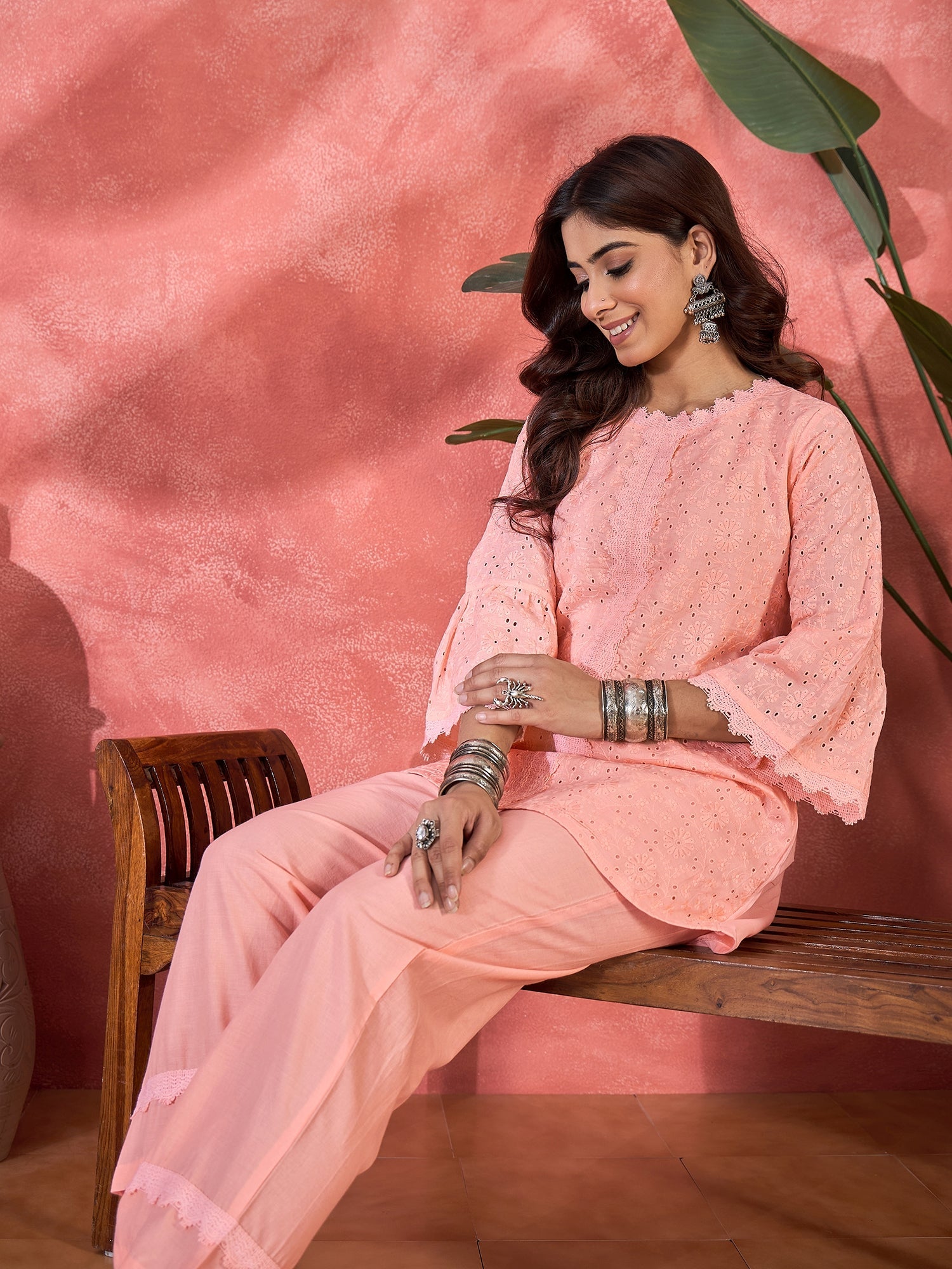 Joban Fashion Peach Cotton Embroidery Readymade Kurta Set
