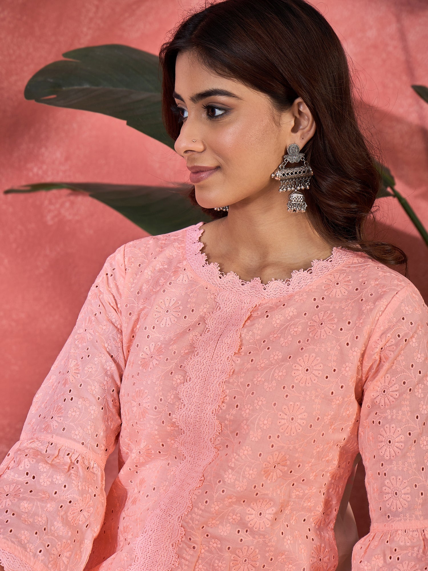 Joban Fashion Peach Cotton Embroidery Readymade Kurta Set