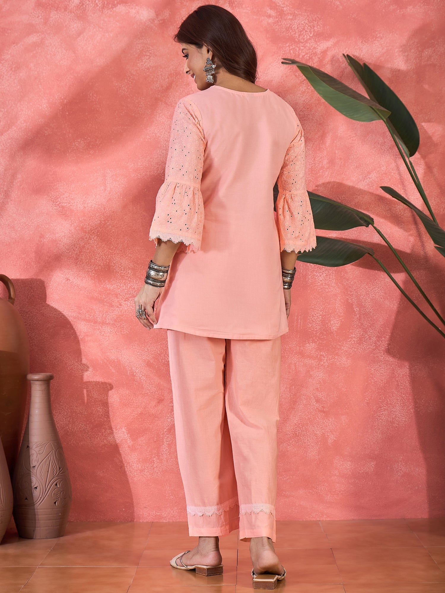 Joban Fashion Peach Cotton Embroidery Readymade Kurta Set
