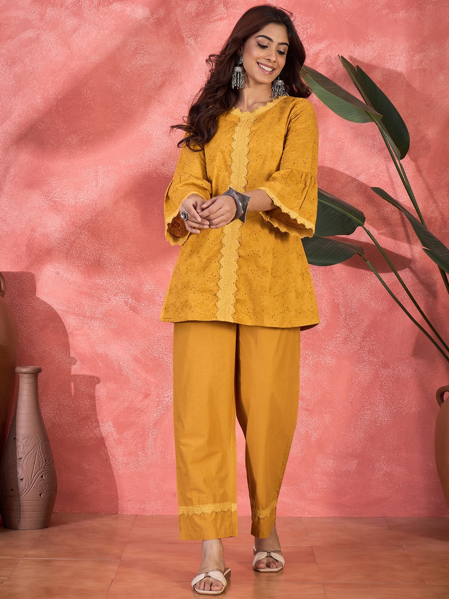 Joban Fashion Mustard Cotton Embroidery Readymade Kurta Set