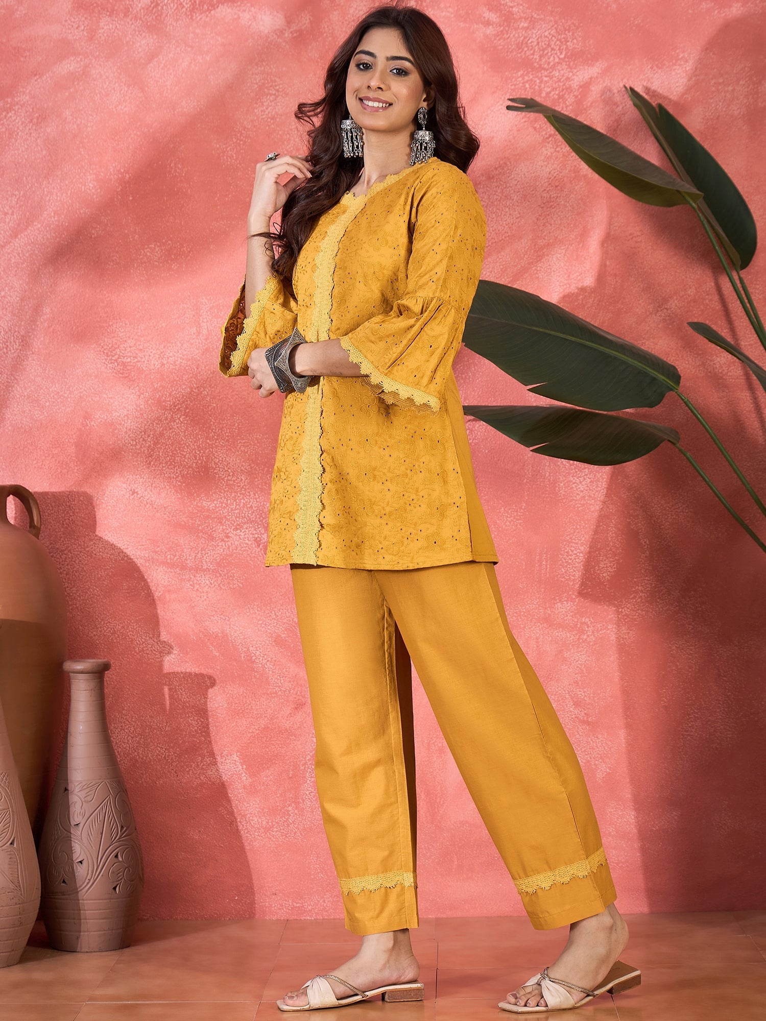 Joban Fashion Mustard Cotton Embroidery Readymade Kurta Set