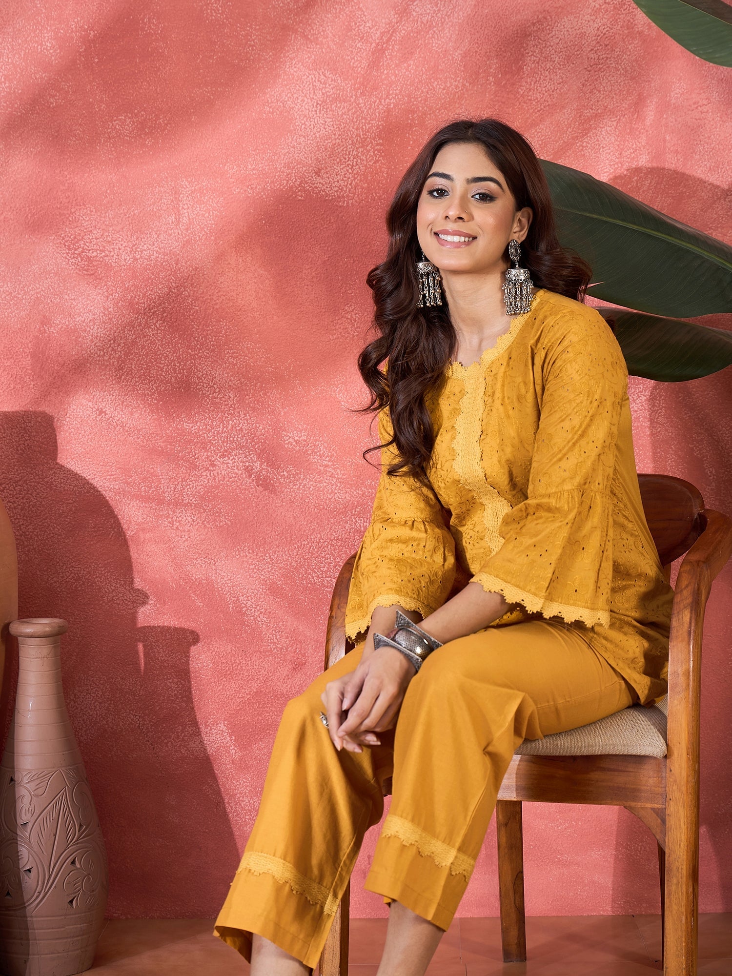 Joban Fashion Mustard Cotton Embroidery Readymade Kurta Set