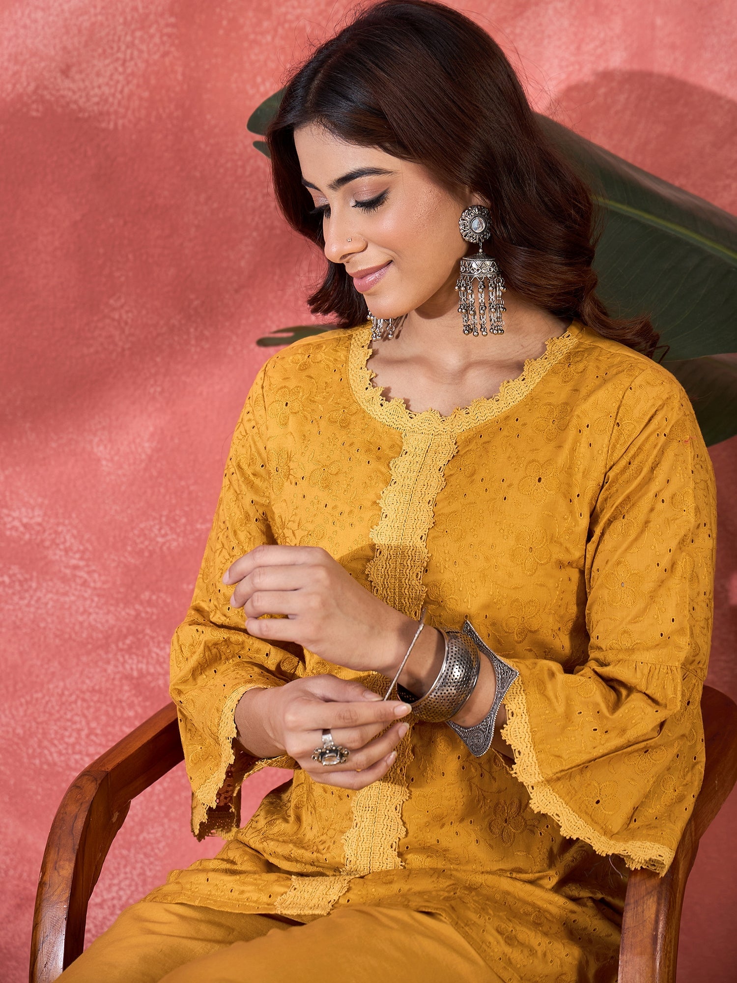 Joban Fashion Mustard Cotton Embroidery Readymade Kurta Set