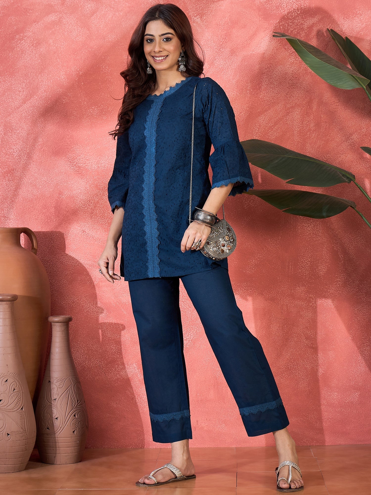 Joban Fashion Navy Blue Cotton Embroidery Readymade Kurta Set