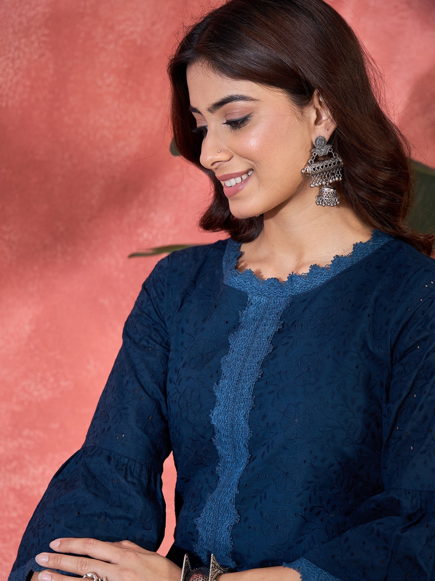 Joban Fashion Navy Blue Cotton Embroidery Readymade Kurta Set
