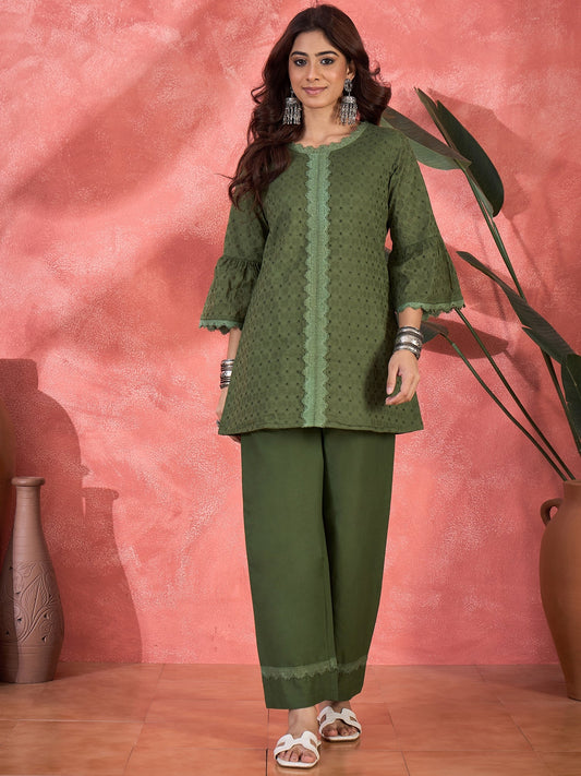 Joban Fashion Green Cotton Embroidery Readymade Kurta Set