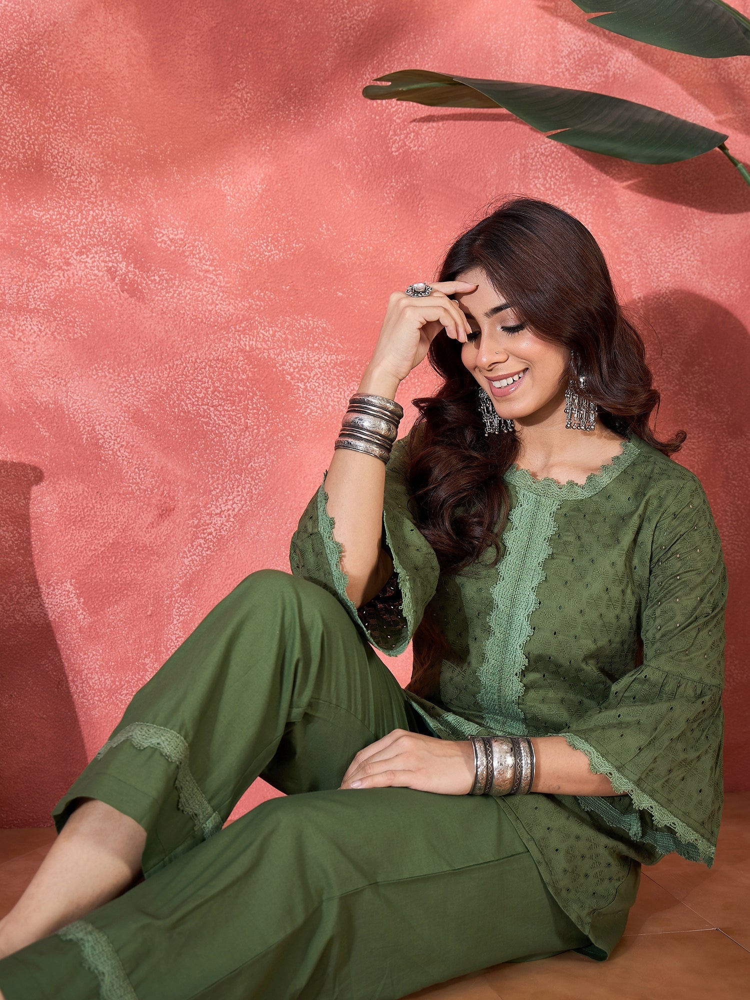 Joban Fashion Green Cotton Embroidery Readymade Kurta Set