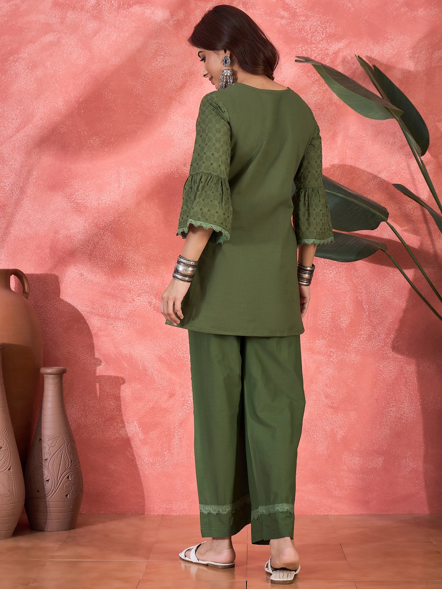 Joban Fashion Green Cotton Embroidery Readymade Kurta Set