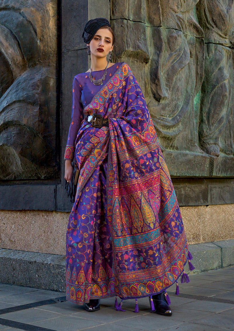 Monjolika Fashion Violet Color Kashmiri Organza Pashmina Silk Saree With Blouse