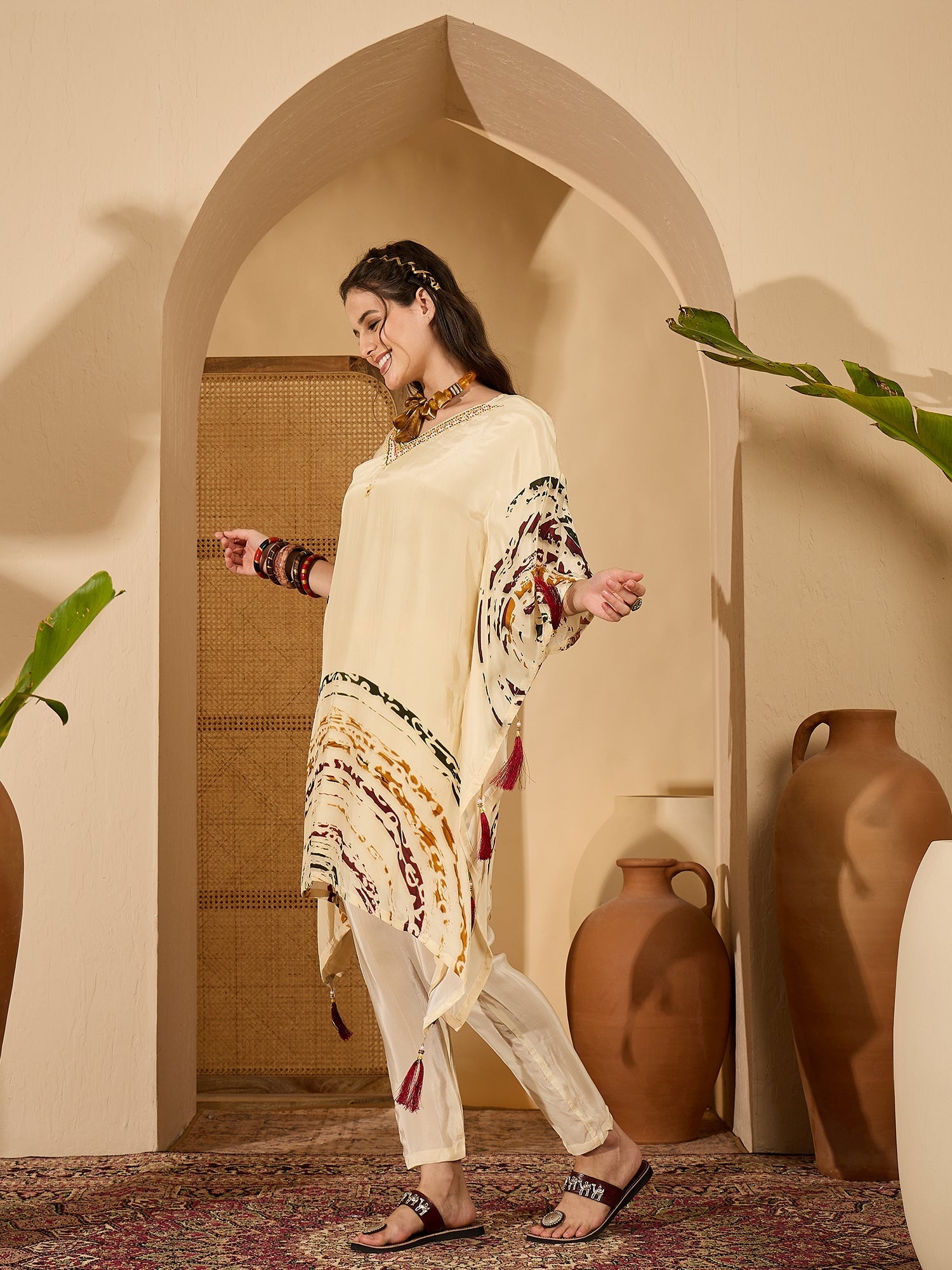 Joban Fashion Cream Silk Printed Readymade Kurta Set