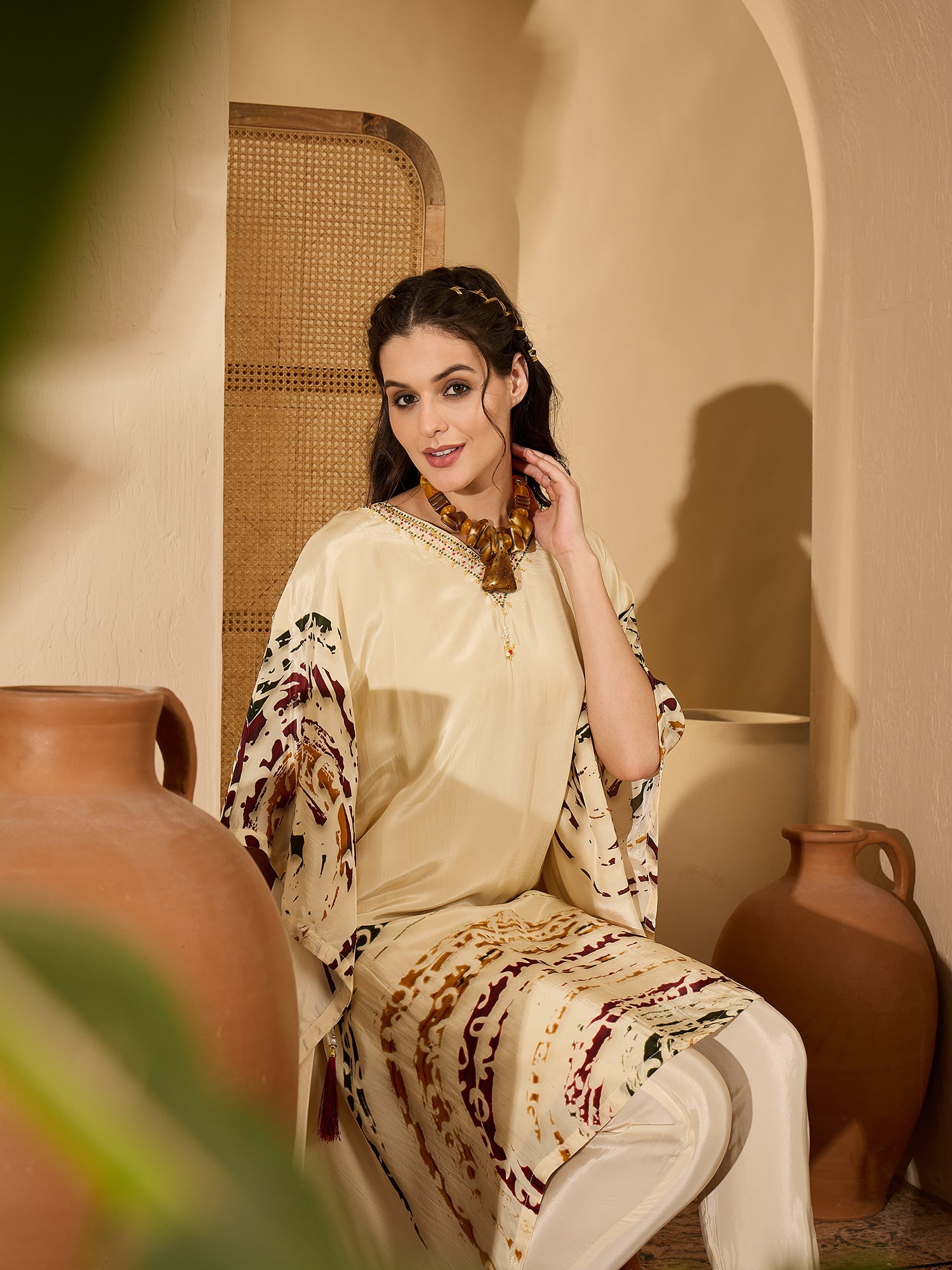 Joban Fashion Cream Silk Printed Readymade Kurta Set