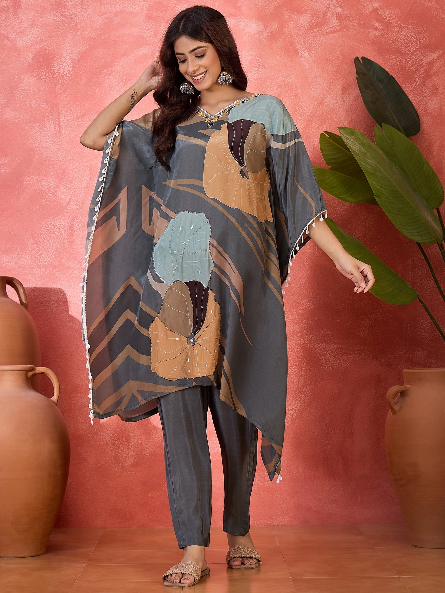 Joban Fashion Grey Silk Printed Readymade Kurta Set
