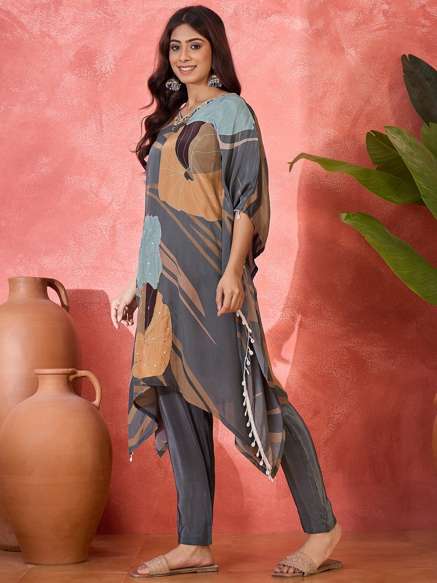 Joban Fashion Grey Silk Printed Readymade Kurta Set