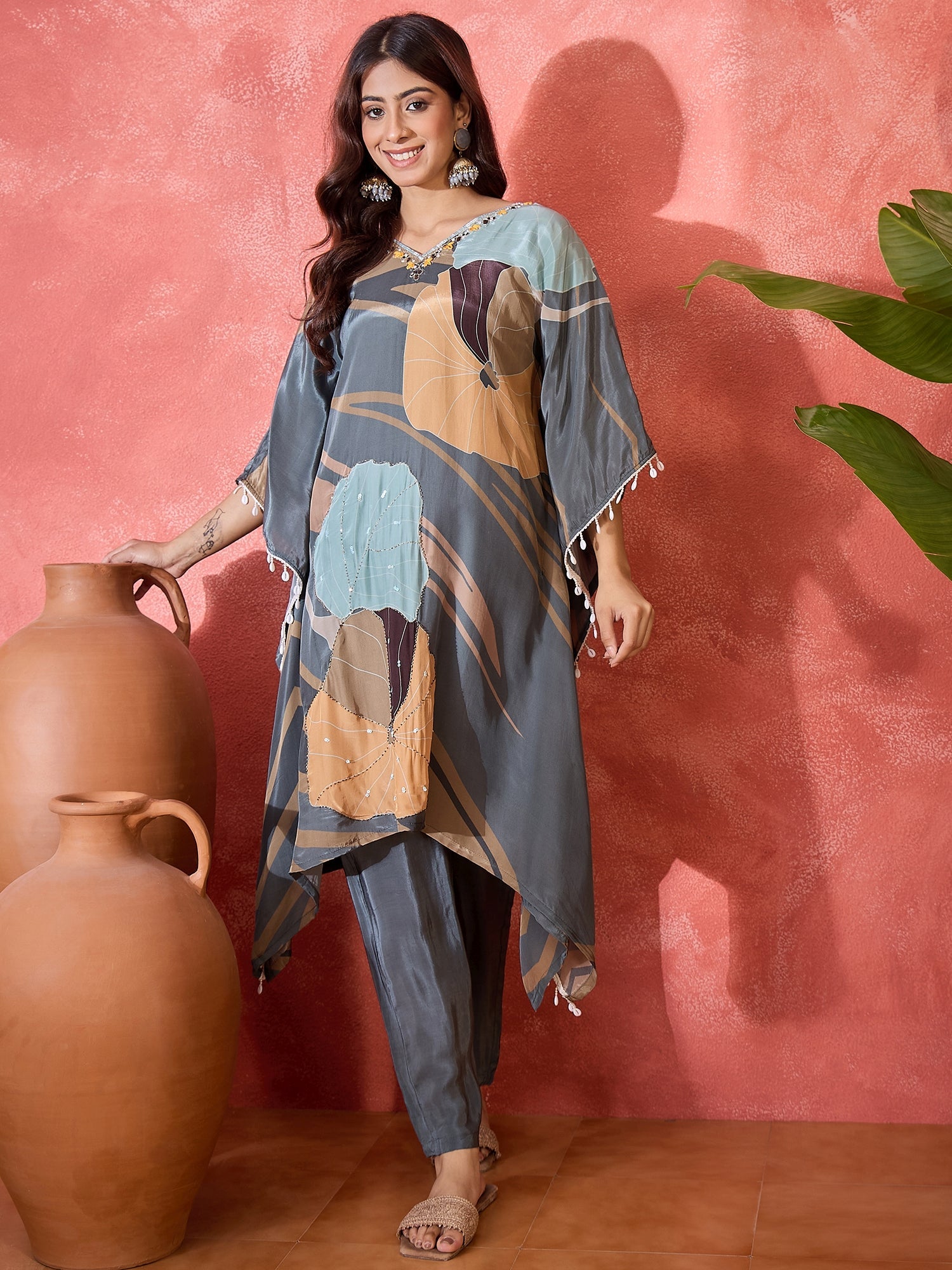 Joban Fashion Grey Silk Printed Readymade Kurta Set