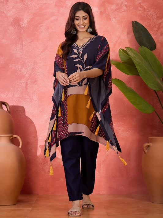 Joban Fashion Navy Blue Silk Printed Readymade Kurta Set