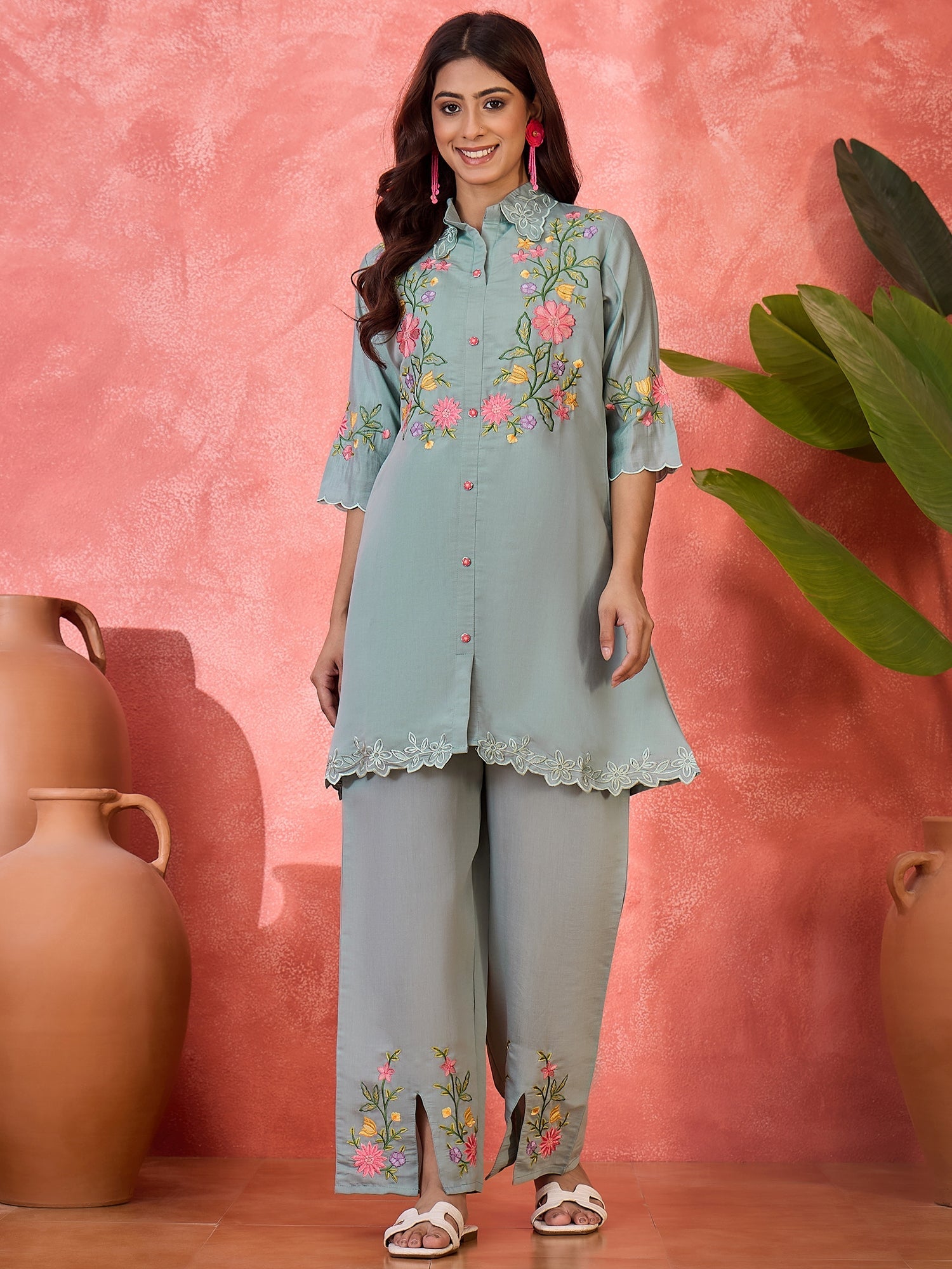 Joban Fashion Grey Silk Embroidered Readymade Kurta Set