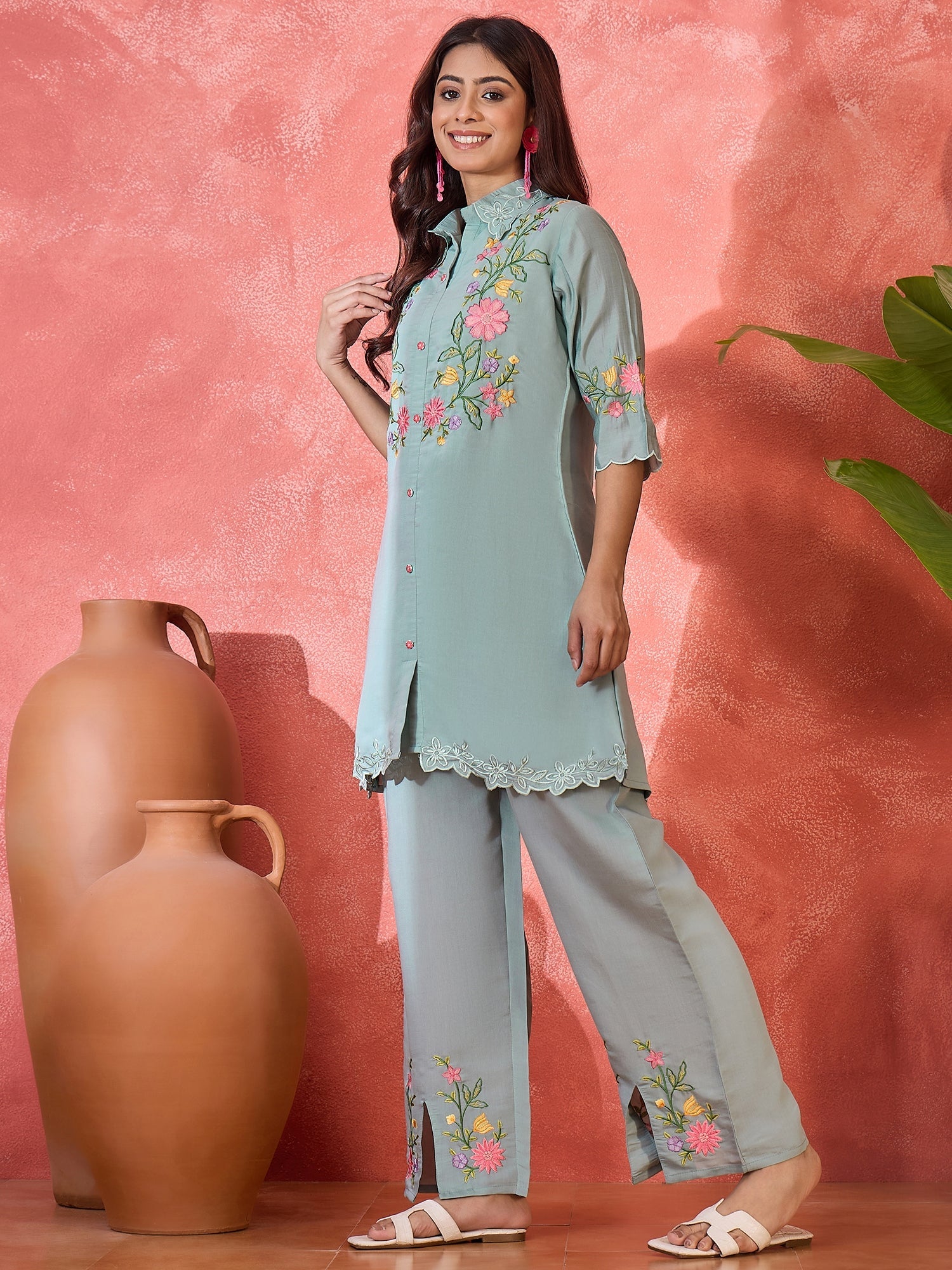 Joban Fashion Grey Silk Embroidered Readymade Kurta Set