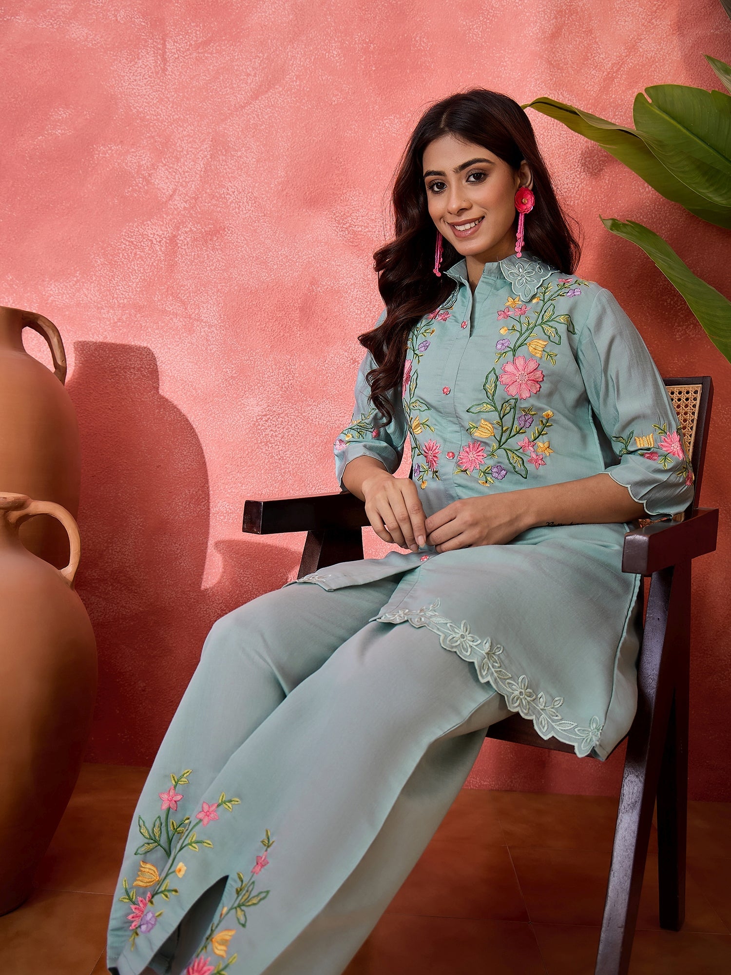 Joban Fashion Grey Silk Embroidered Readymade Kurta Set