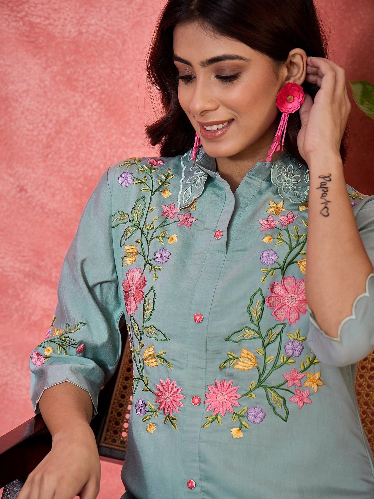 Joban Fashion Grey Silk Embroidered Readymade Kurta Set