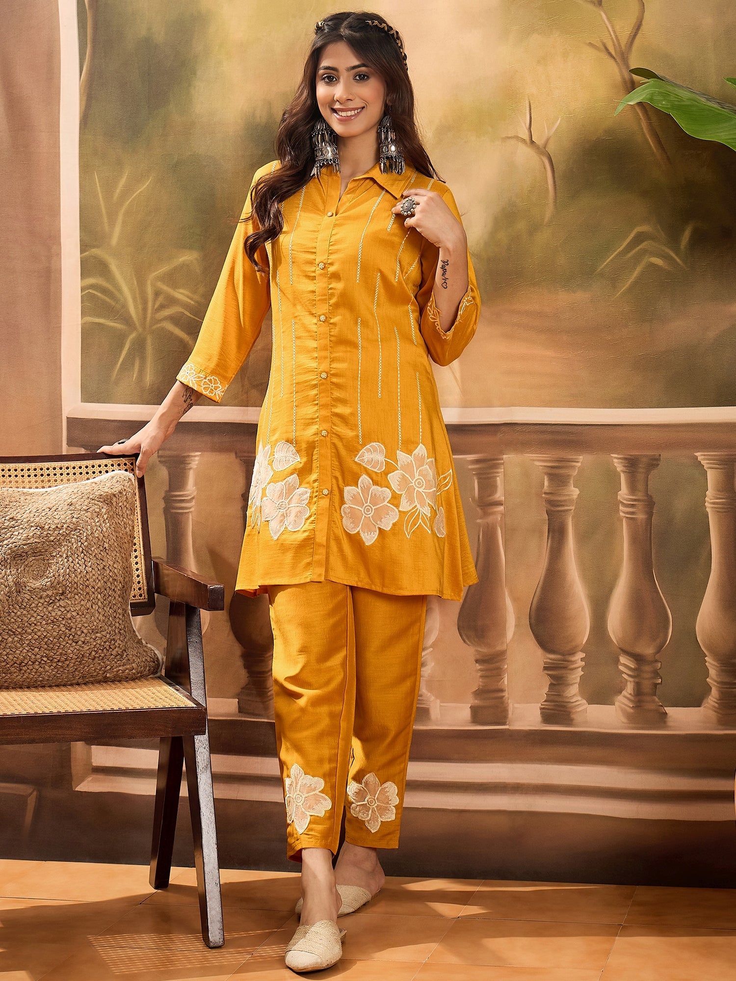 Joban Fashion Mustard Silk Embroidered Readymade Kurta Set