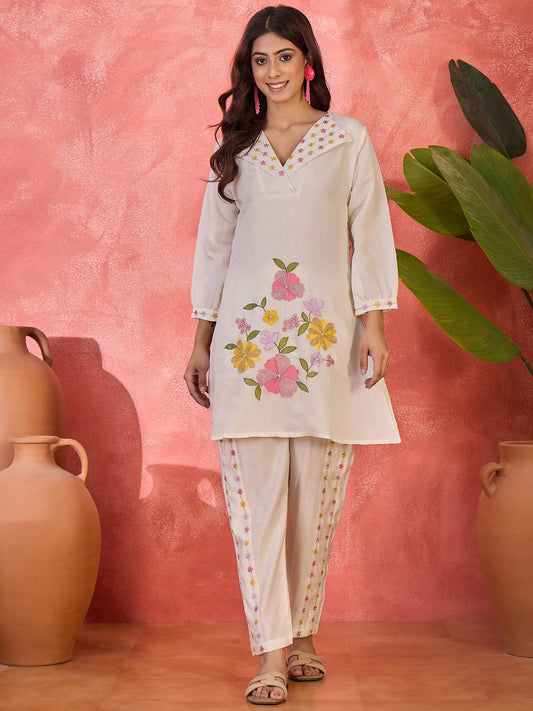 Joban Fashion Off White Silk Embroidered Readymade Kurta Set