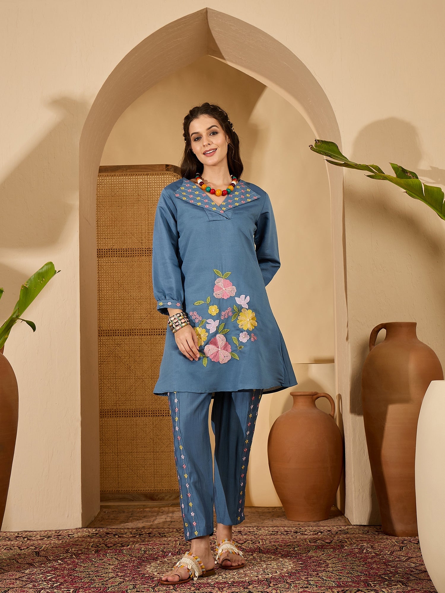 Joban Fashion Blue Silk Embroidered Readymade Kurta Set