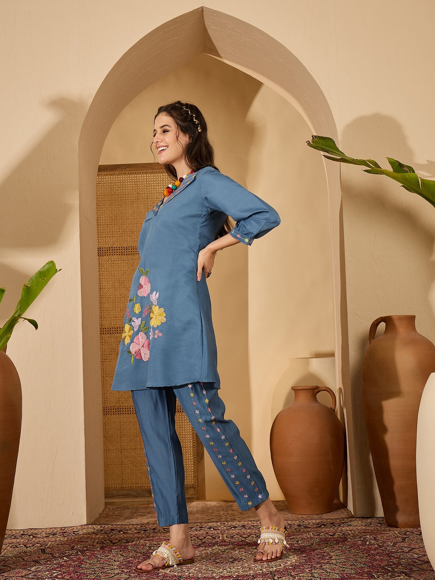 Joban Fashion Blue Silk Embroidered Readymade Kurta Set