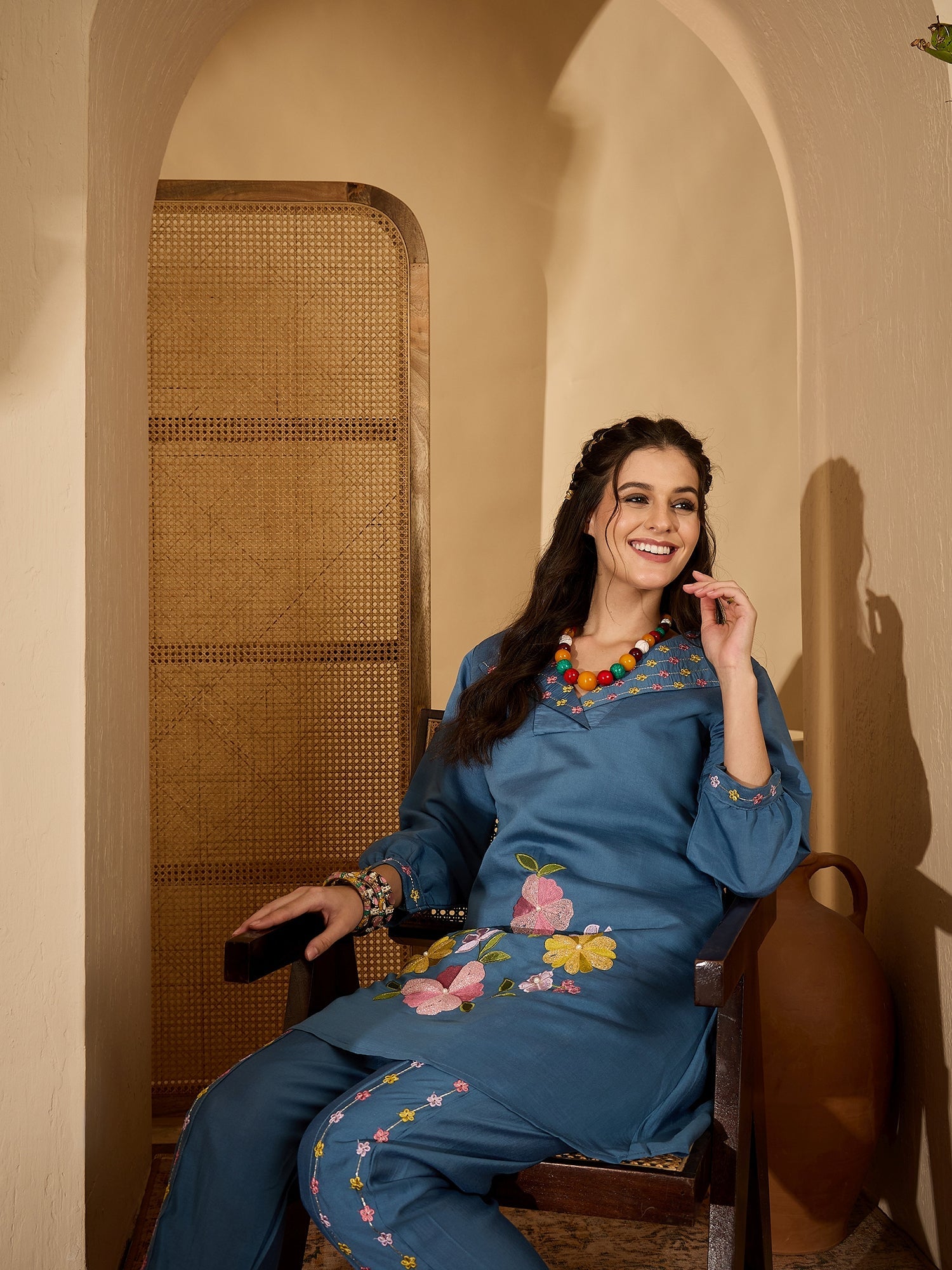 Joban Fashion Blue Silk Embroidered Readymade Kurta Set