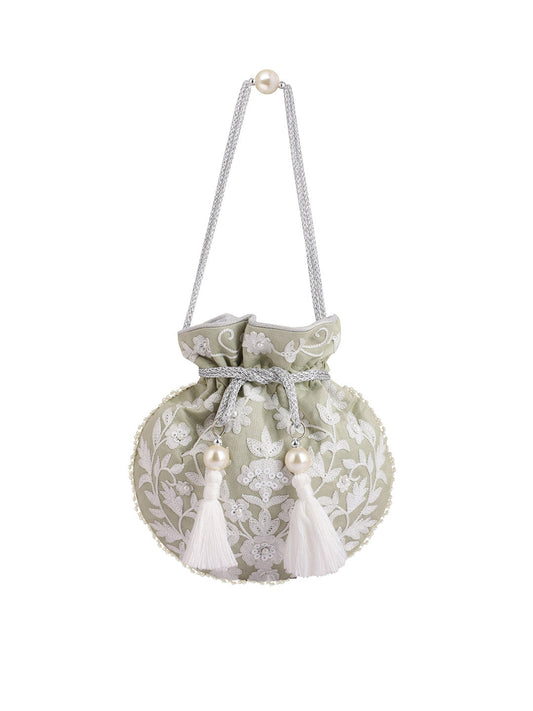 Masq Green & White Embellished Embroidered Potli Clutch - Grab2buy
