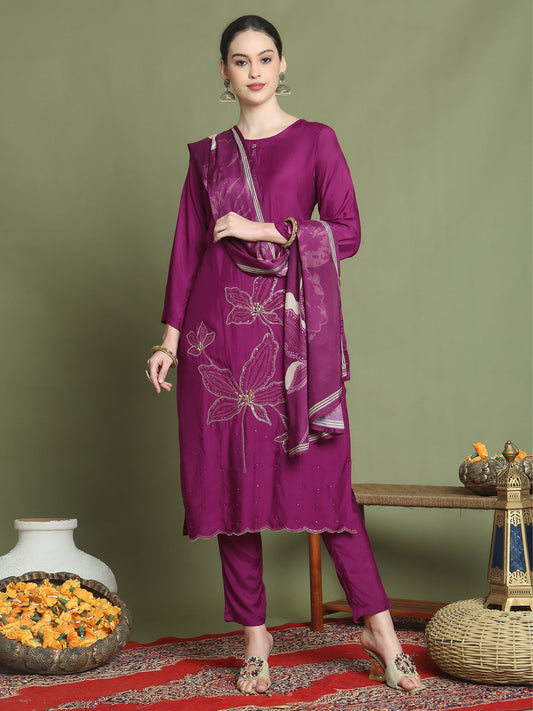 Stylee Lifestyle Magenta Muslin Embroidered Suit Set