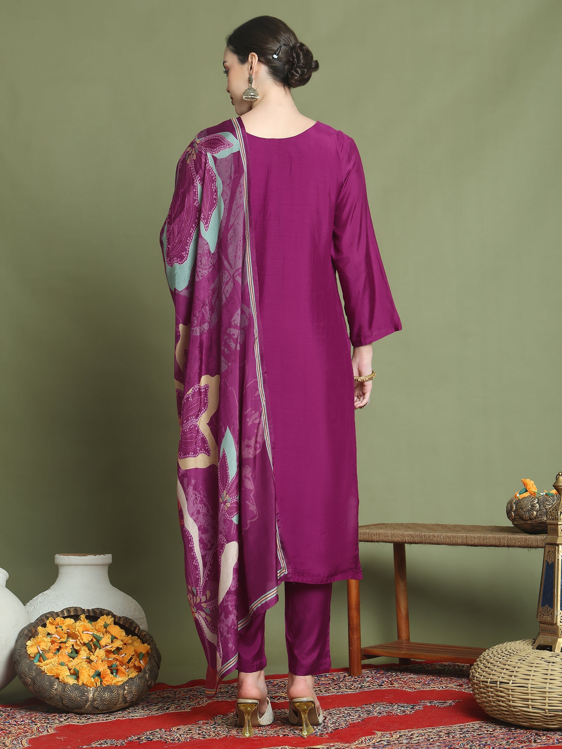 Stylee Lifestyle Magenta Muslin Embroidered Suit Set