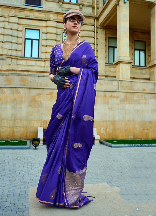 Monjolika Fashion Royal Blue Colour Satin Handloom Silk Festival Saree
