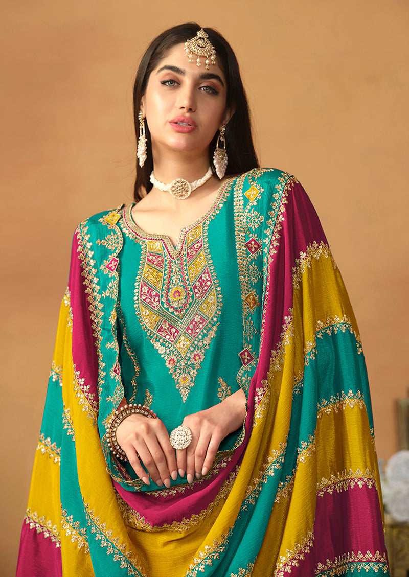 Monjolika Fashion Faux Georgette Embroidered Trendy Salwar Suit In Turquoise