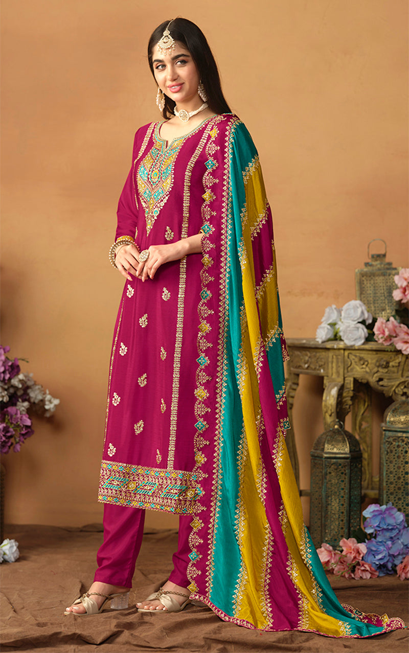 Monjolika Fashion Faux Georgette Embroidered Trendy Salwar Suit In Magenta