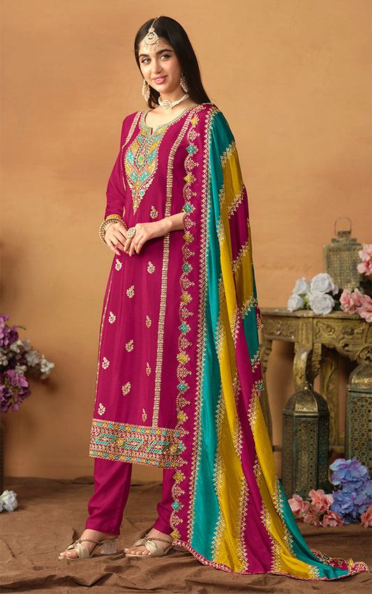 Monjolika Fashion Faux Georgette Embroidered Trendy Salwar Suit In Magenta