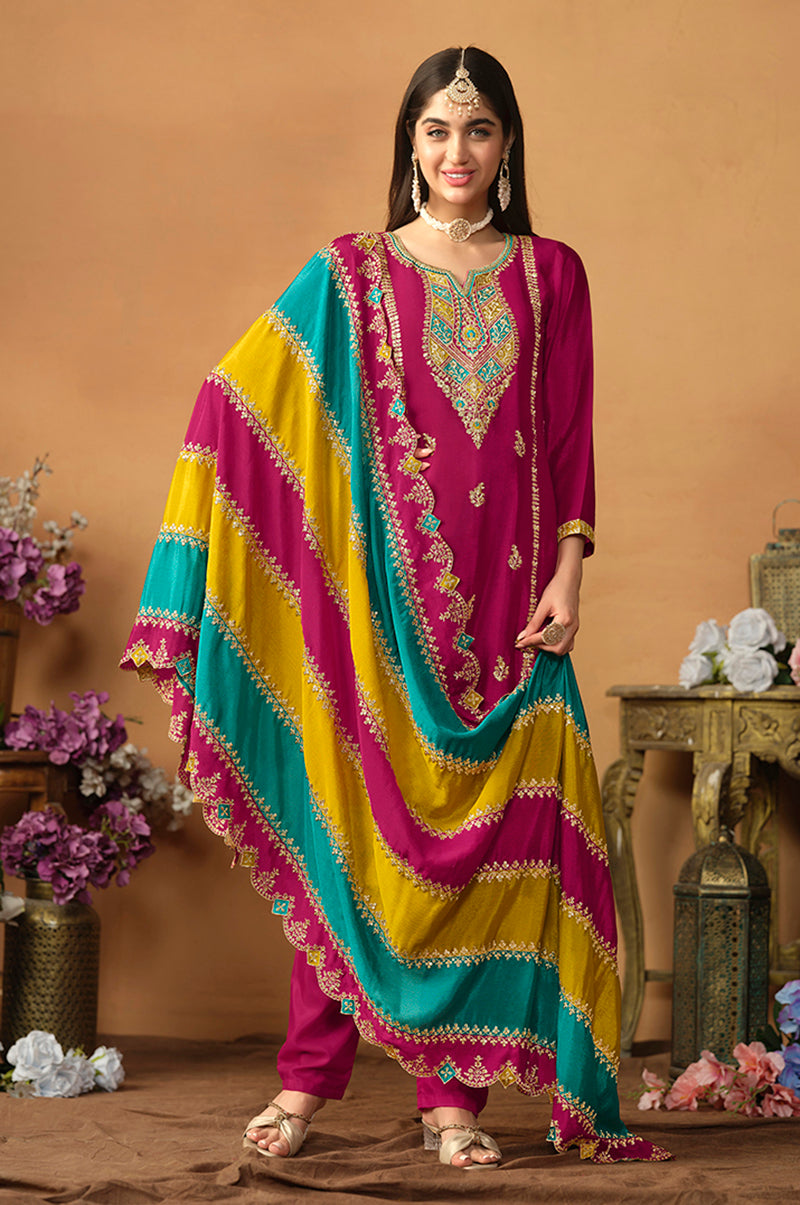 Monjolika Fashion Faux Georgette Embroidered Trendy Salwar Suit In Magenta