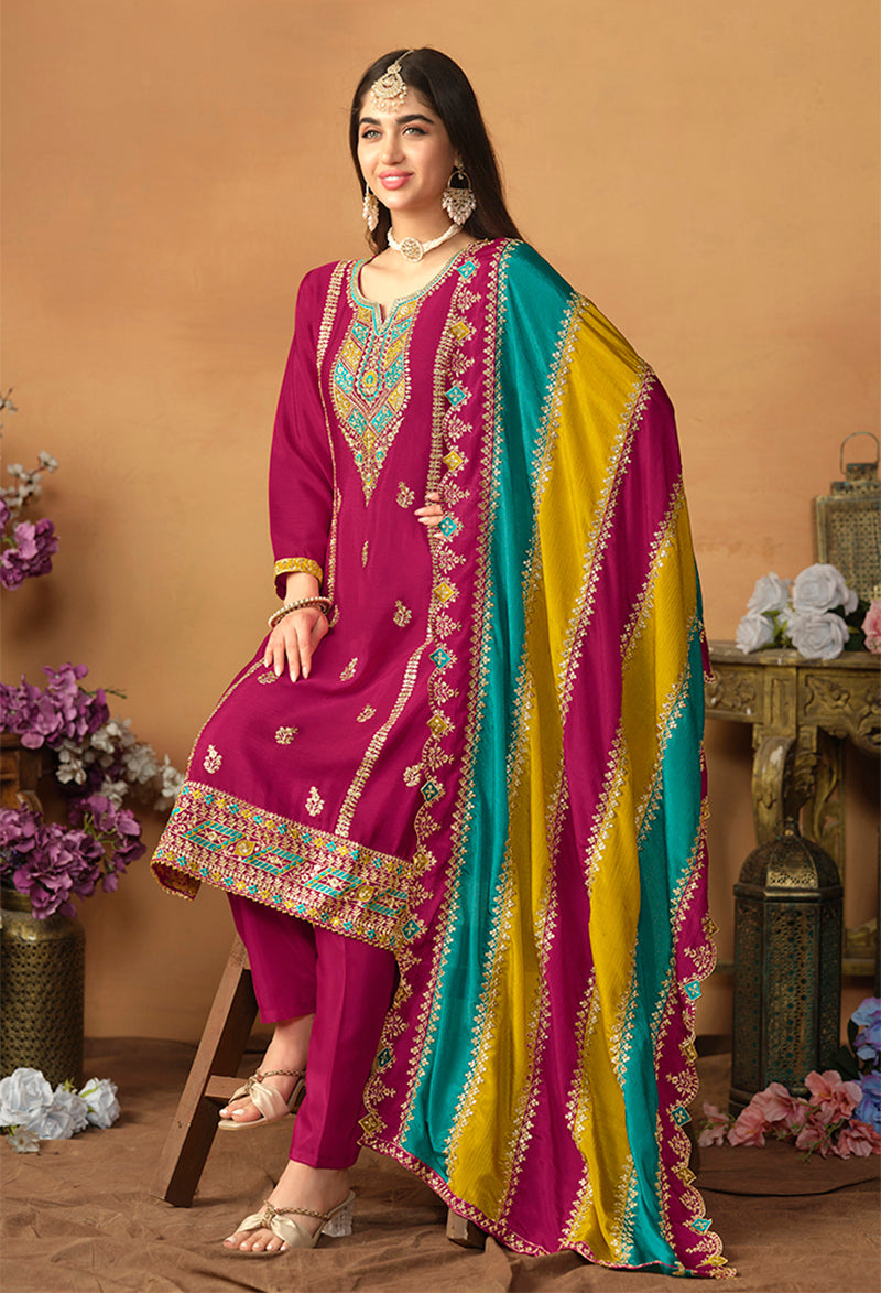 Monjolika Fashion Faux Georgette Embroidered Trendy Salwar Suit In Magenta