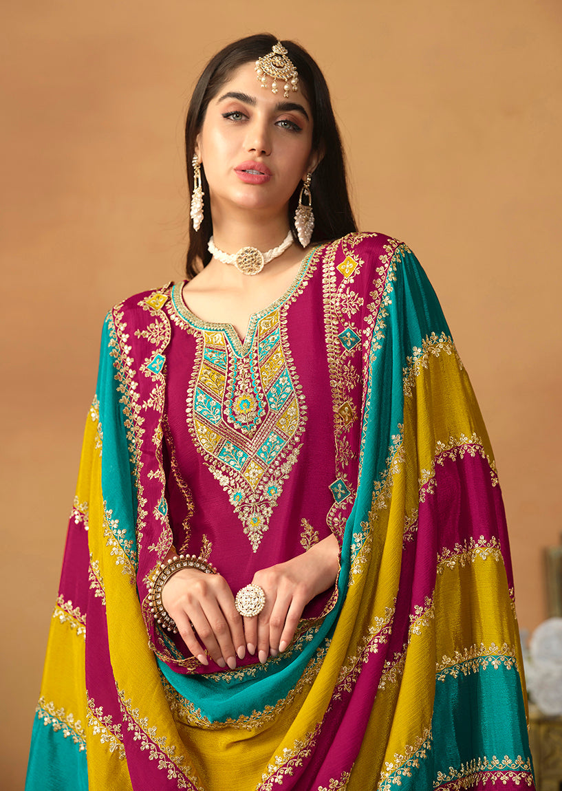Monjolika Fashion Faux Georgette Embroidered Trendy Salwar Suit In Magenta