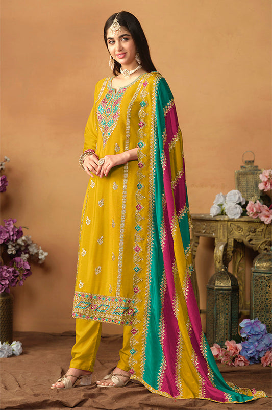 Monjolika Fashion Faux Georgette Embroidered Trendy Salwar Suit In Mustard