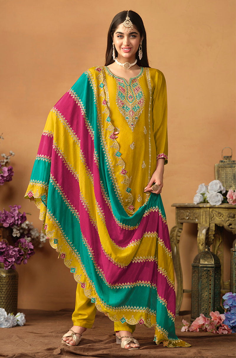 Monjolika Fashion Faux Georgette Embroidered Trendy Salwar Suit In Mustard