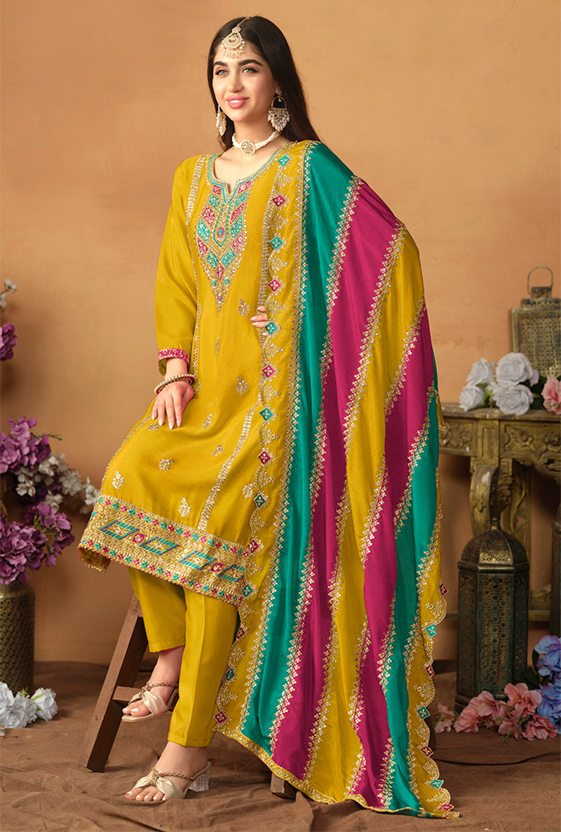 Monjolika Fashion Faux Georgette Embroidered Trendy Salwar Suit In Mustard