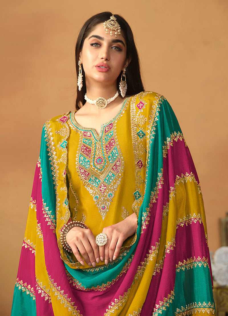 Monjolika Fashion Faux Georgette Embroidered Trendy Salwar Suit In Mustard