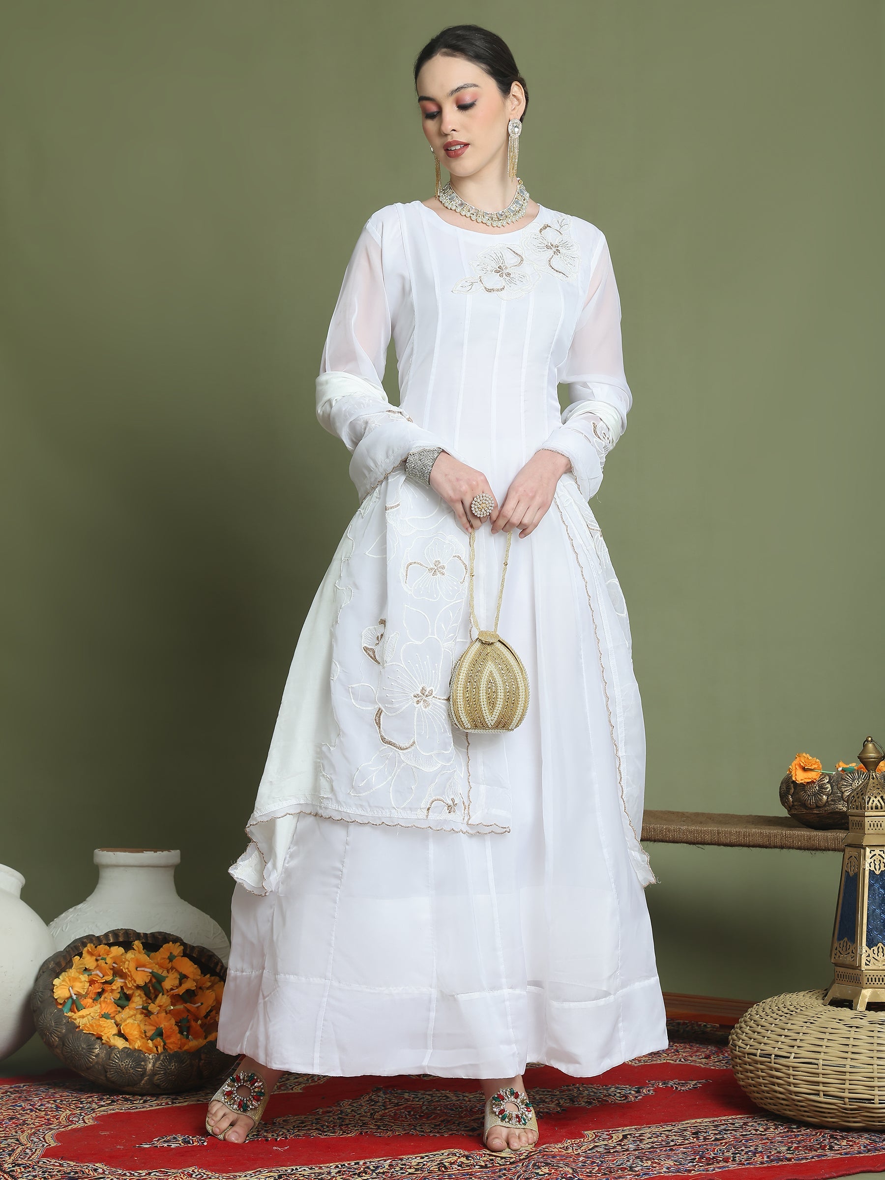 Stylee Lifestyle Off White Organza Embroidered Gown Style
