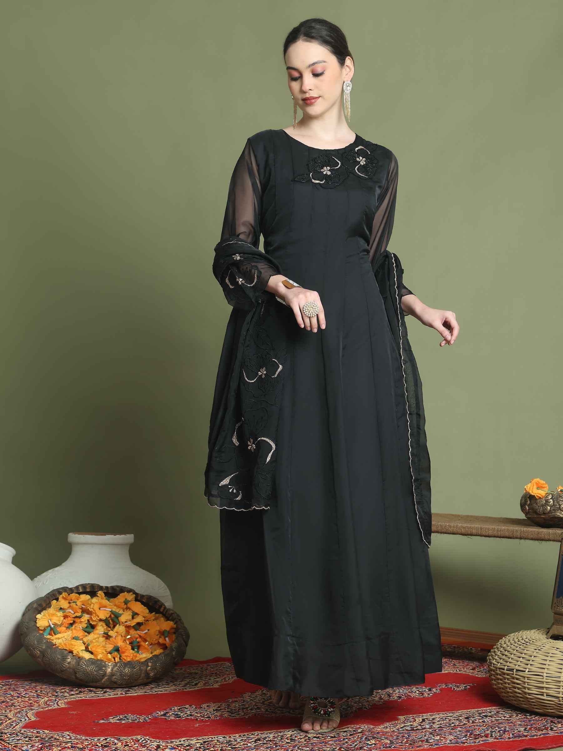 Stylee Lifestyle Black Organza Embroidered Gown Style