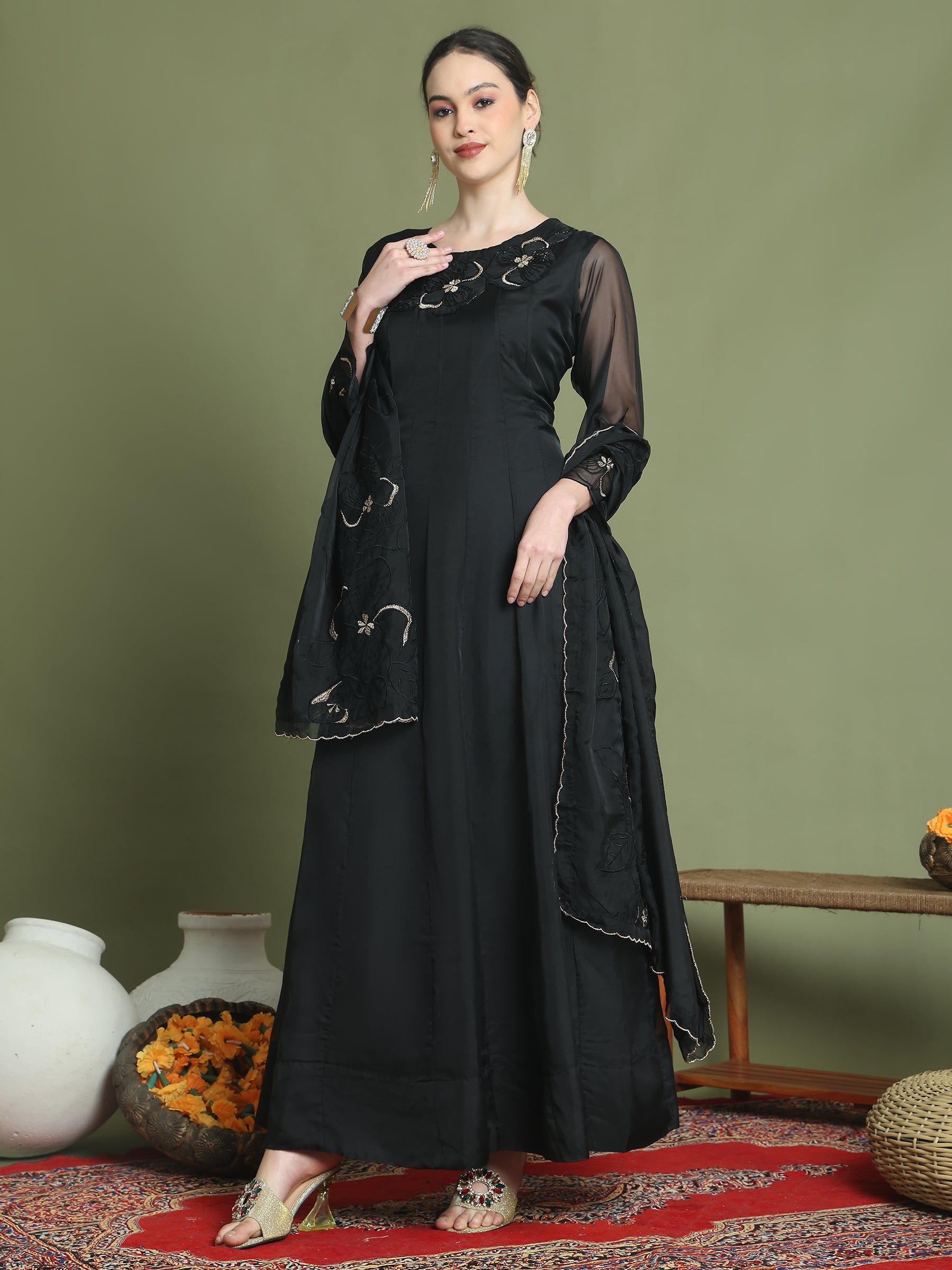 Stylee Lifestyle Black Organza Embroidered Gown Style