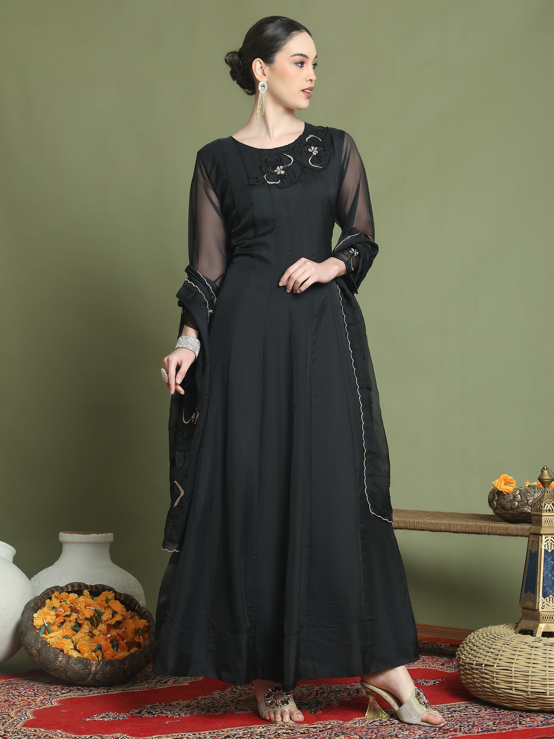 Stylee Lifestyle Black Organza Embroidered Gown Style
