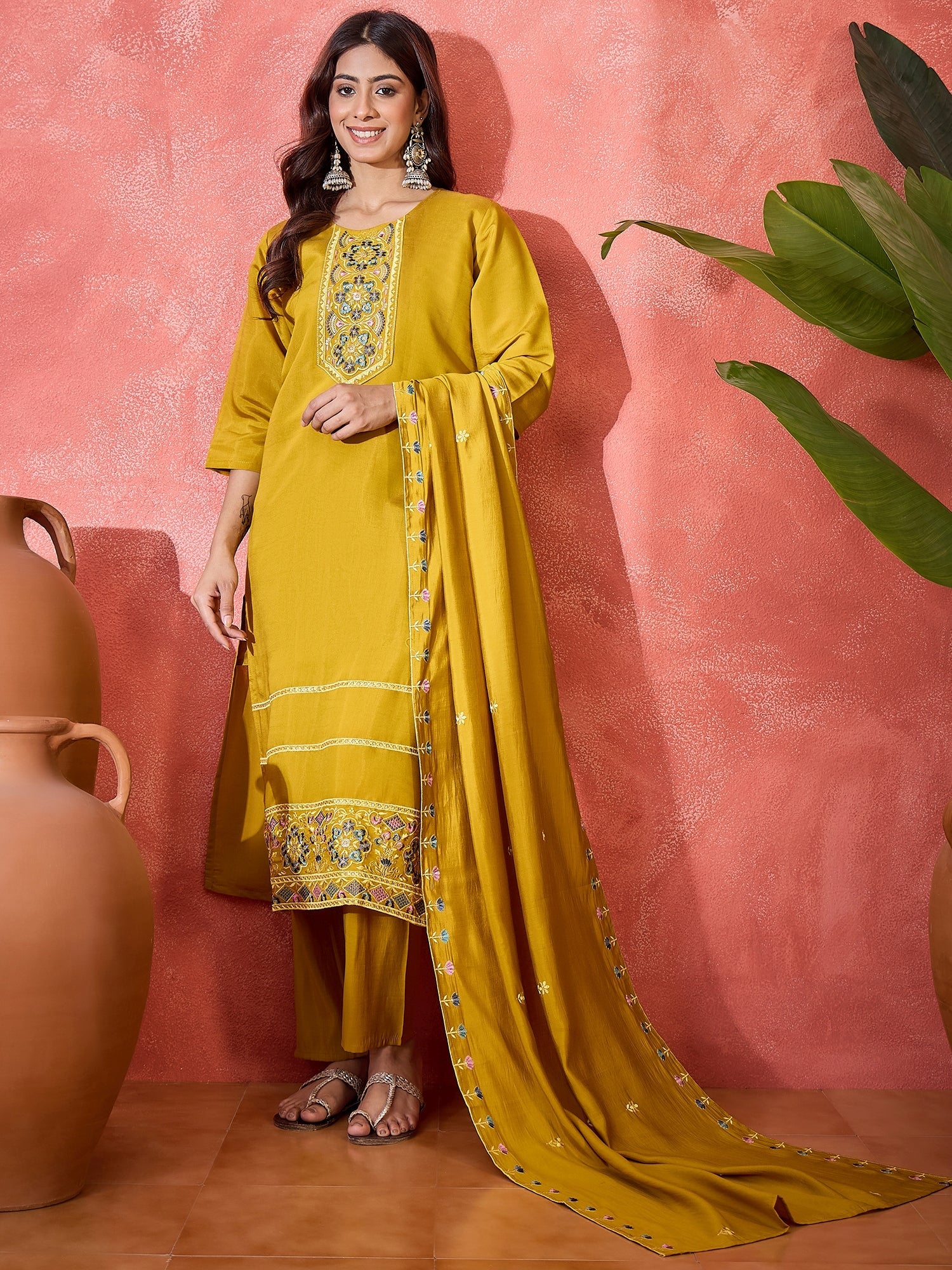 Joban Fashion Mustard Silk Embroidery Readymade Kurta Set