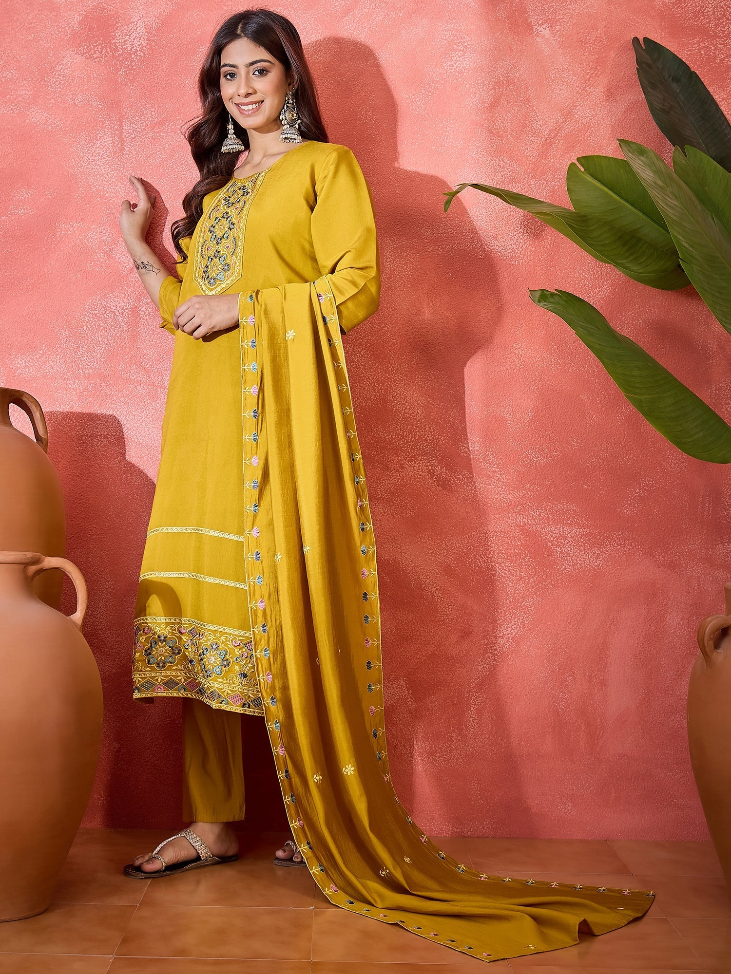 Joban Fashion Mustard Silk Embroidery Readymade Kurta Set