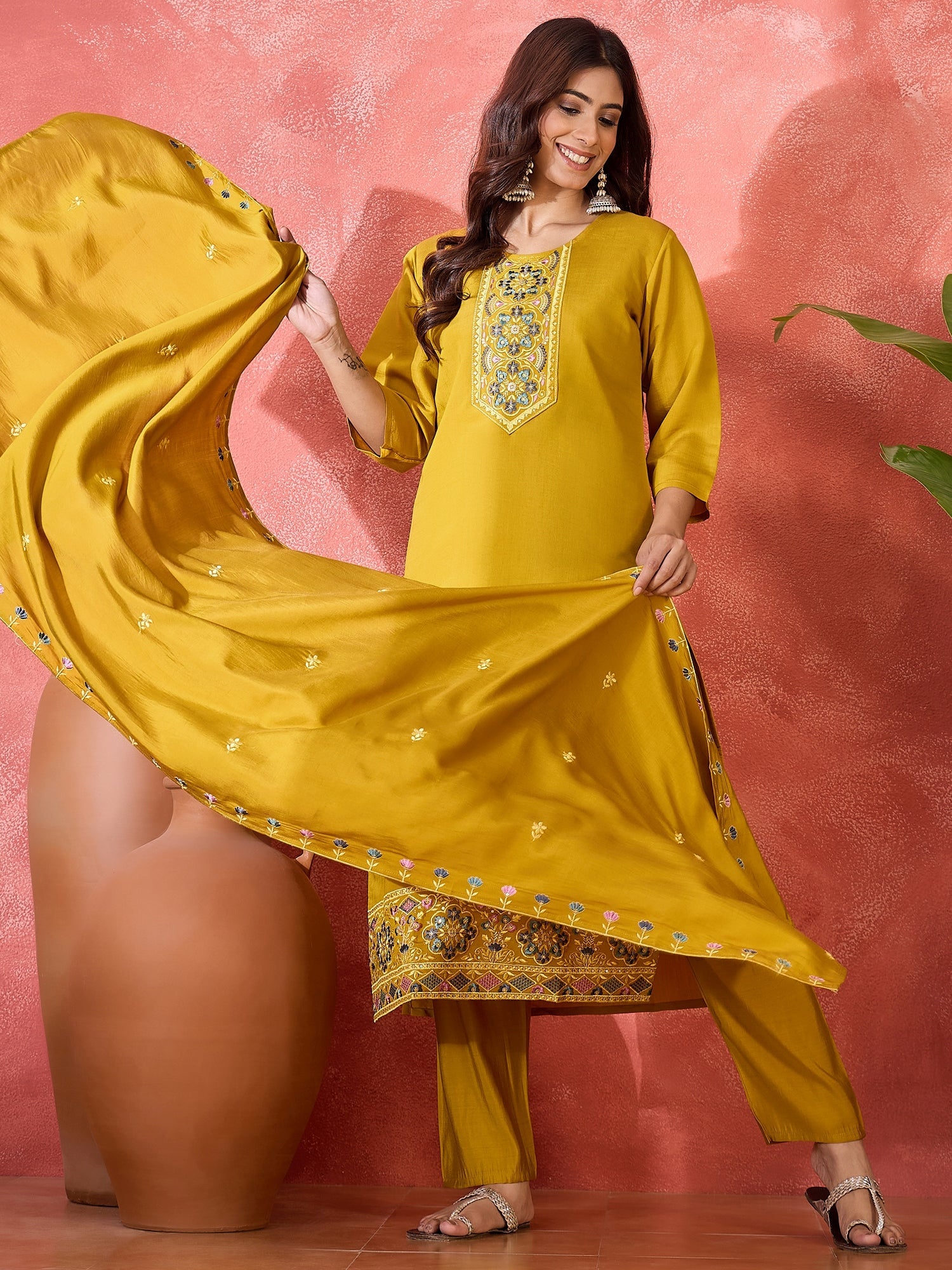 Joban Fashion Mustard Silk Embroidery Readymade Kurta Set