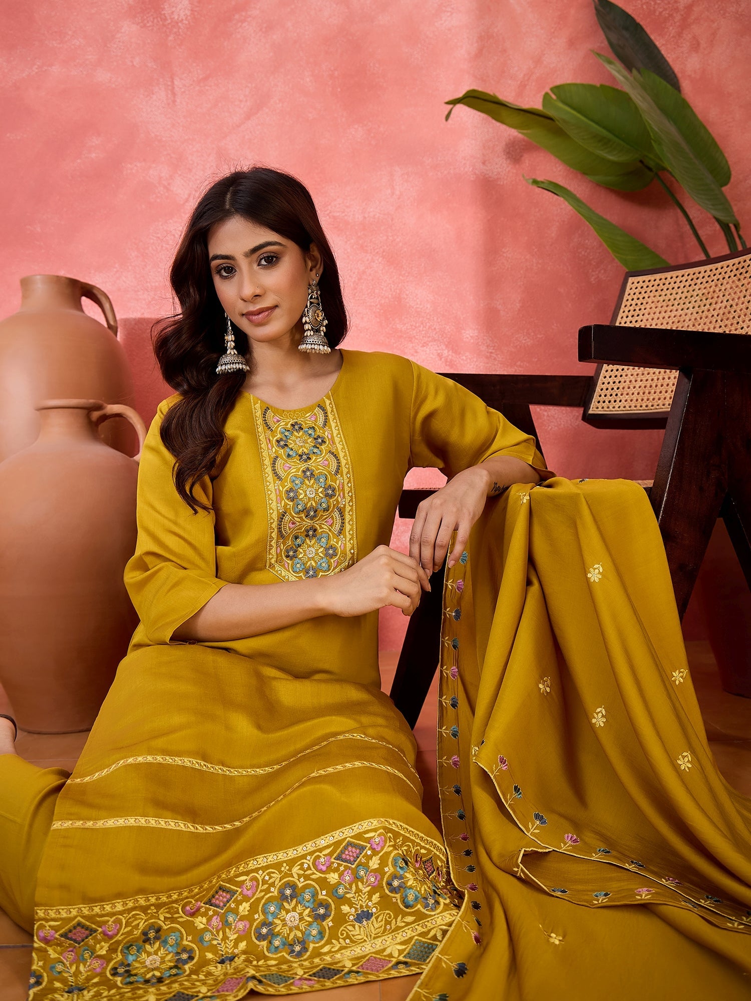 Joban Fashion Mustard Silk Embroidery Readymade Kurta Set
